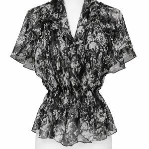 Vintage Guess Sheer Floral Tie Neck Blouse Boho Flutter Sleeve Made USA